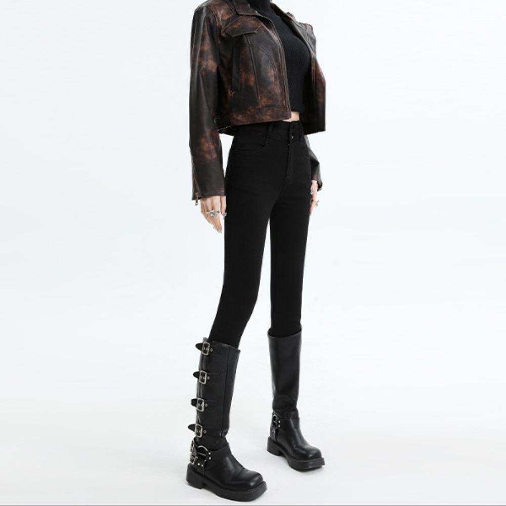 Personalized simple double-breasted design jeans women's autumn and winter 2025 fleece tight elastic pencil small denim pants