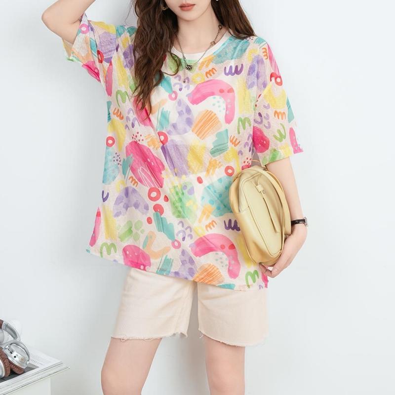 DIMANAF 2026 Plus Size Summer Women T-Shirts Casual Lady Tops Tunic Tees Shirt Beach Oversize Loose Floral Print Knitted