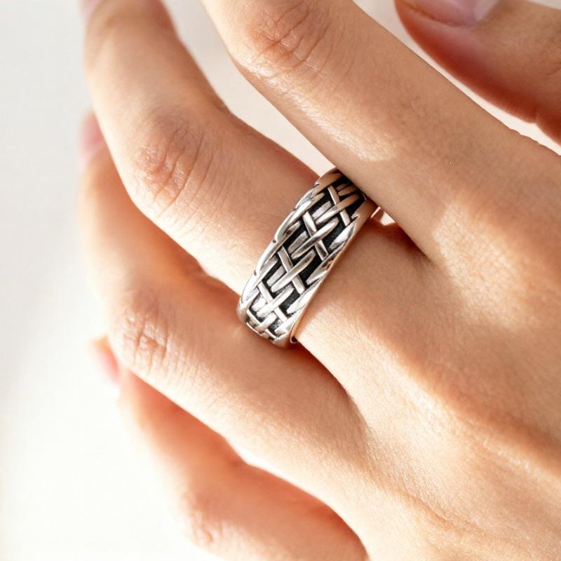 Retro Style 925 Sterling Silver Jewelry Distressed Wide Face Personalized Woven Chain Opening Rings 02890