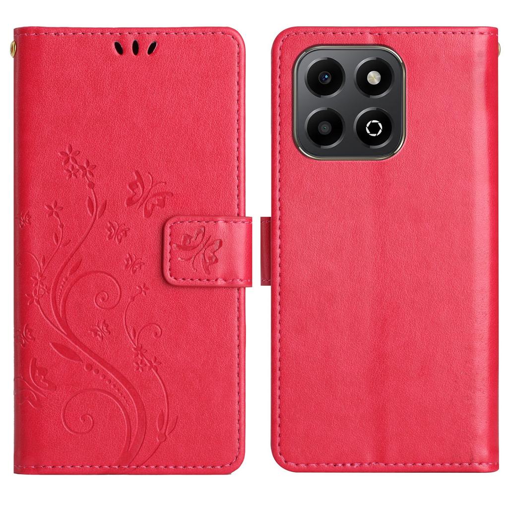 For Honor X6b 4G Leather Wallet Case Butterfly Flower Imprinted Phone Cover with Strap