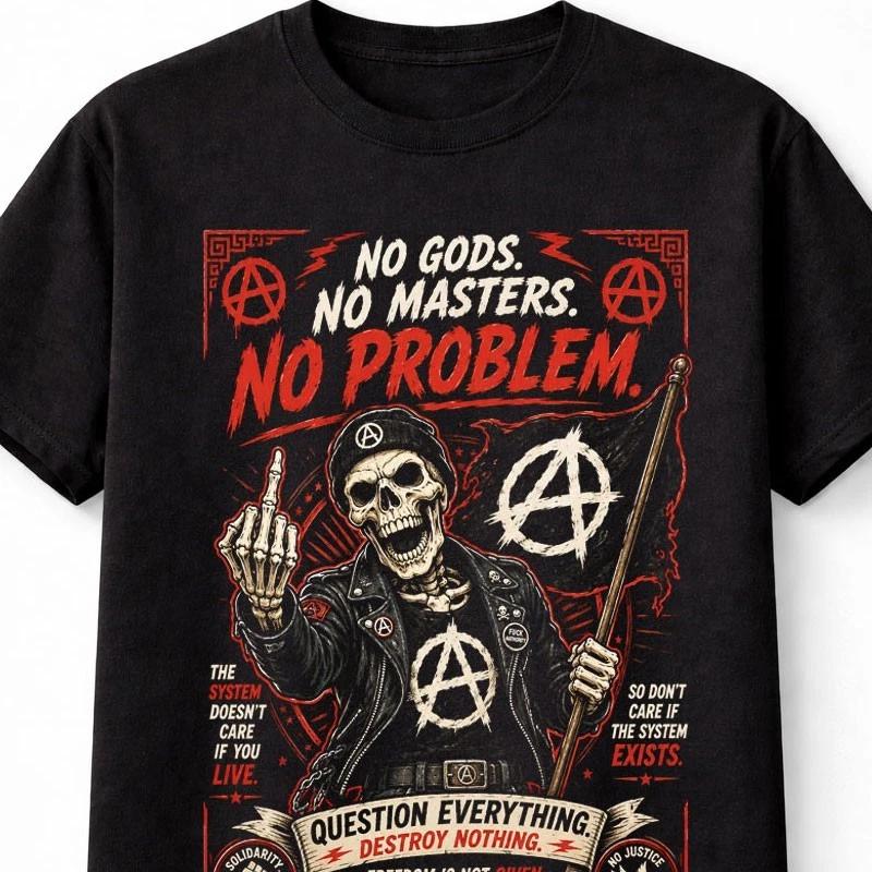 No Gods No Masters Punk Skull Anarchy Rebellion Graphic Unisex TShirt S