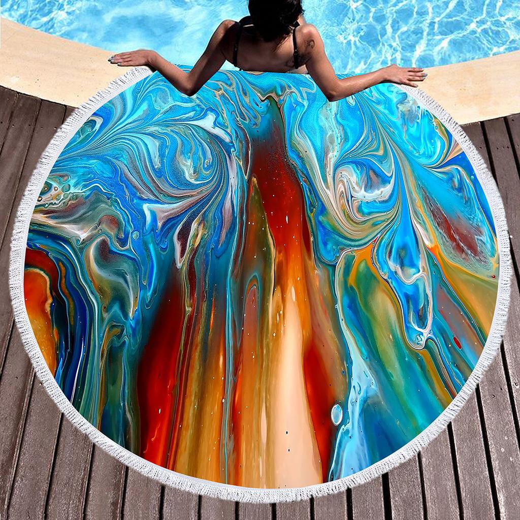 Marble Round Beach Towel with Tassels, Microfiber Quick Dry Beach Blanket Circle Swim Pool Towel Yoga Mat Meditation Picnic Rug
