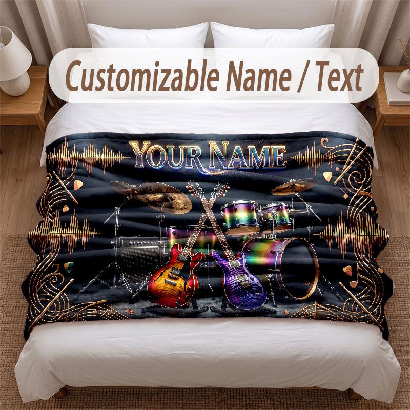 Music Theme Soft Blanket Personalized Custom Name Text Print Warm Blanket Home Sofa Bedroom Decor