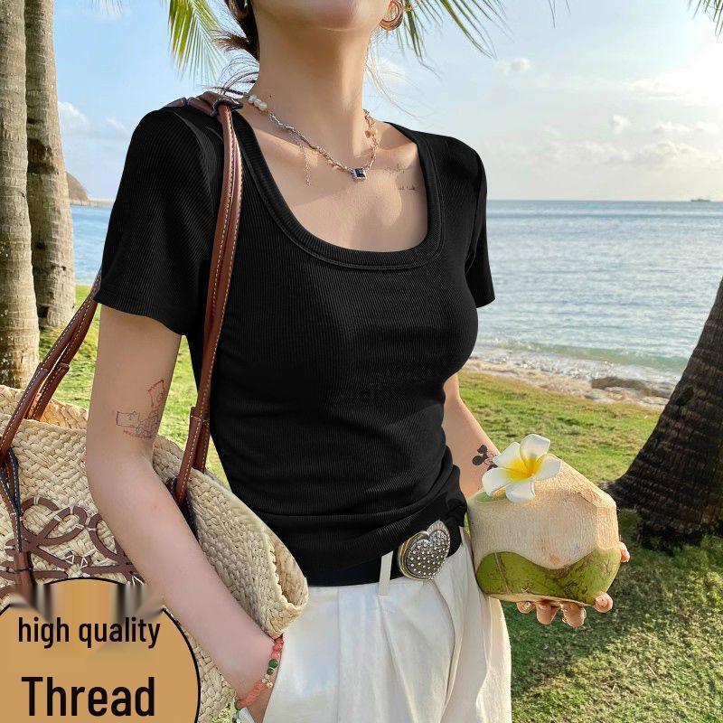 Hong Kong Style Women's Ribbed Square Neck Short Sleeve Top - Age-Reducing, Trendy, and Breathable
