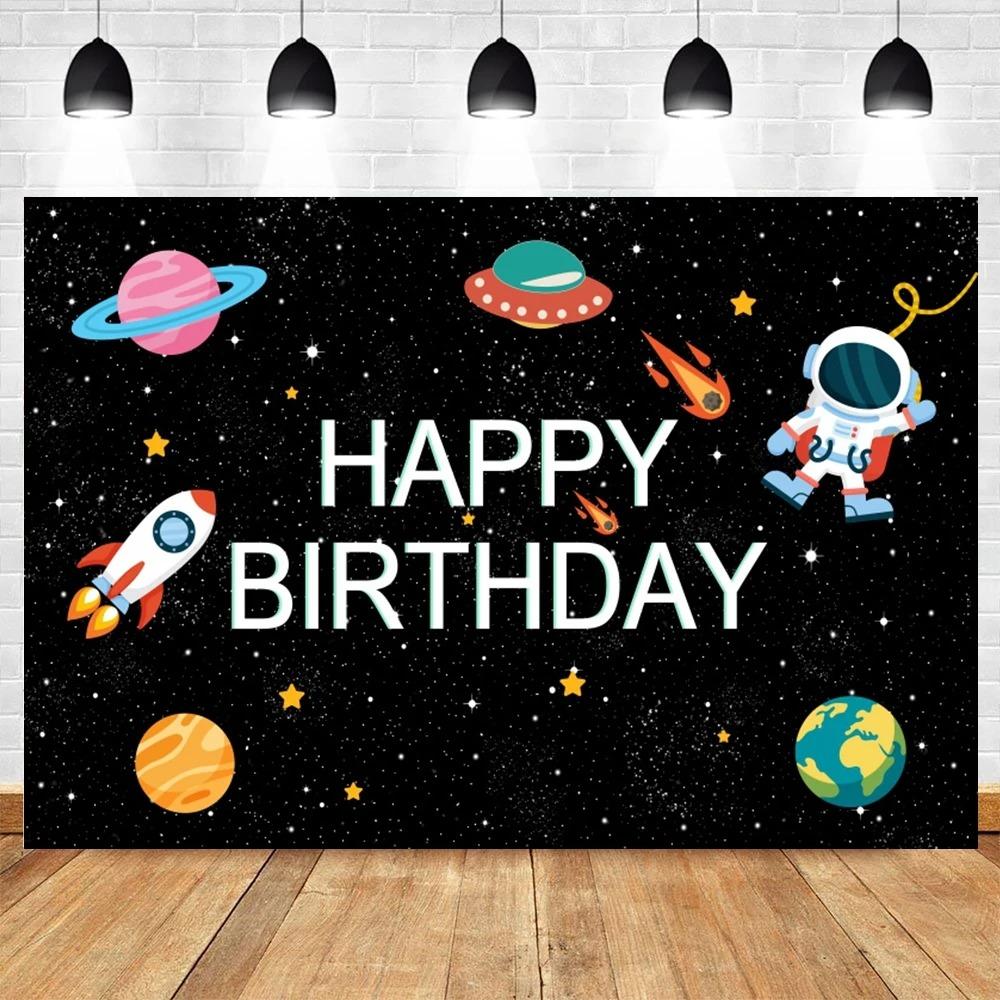 Happy Birthday Party Decor Outer Space Photography Background Custom Astronaut Rocket Galaxy Planet Photo Kids Gift Baby Shower