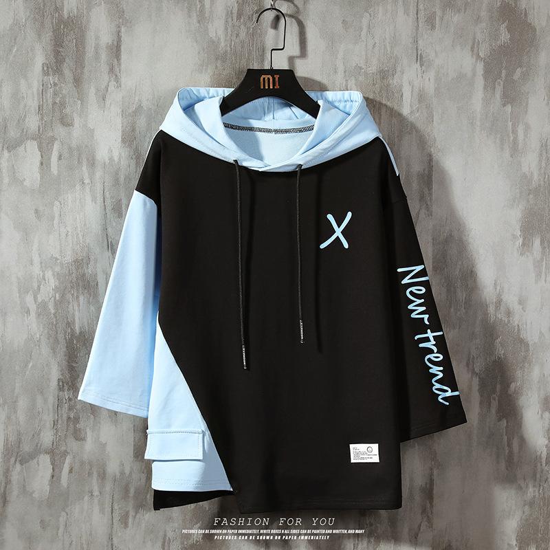 Летний свитер с капюшоном и рукавом три четверти мужская трендовая корейская версия свободной футболки с короткими рукавами летучая мышь мужская футболка больших размеров XS 1393₽