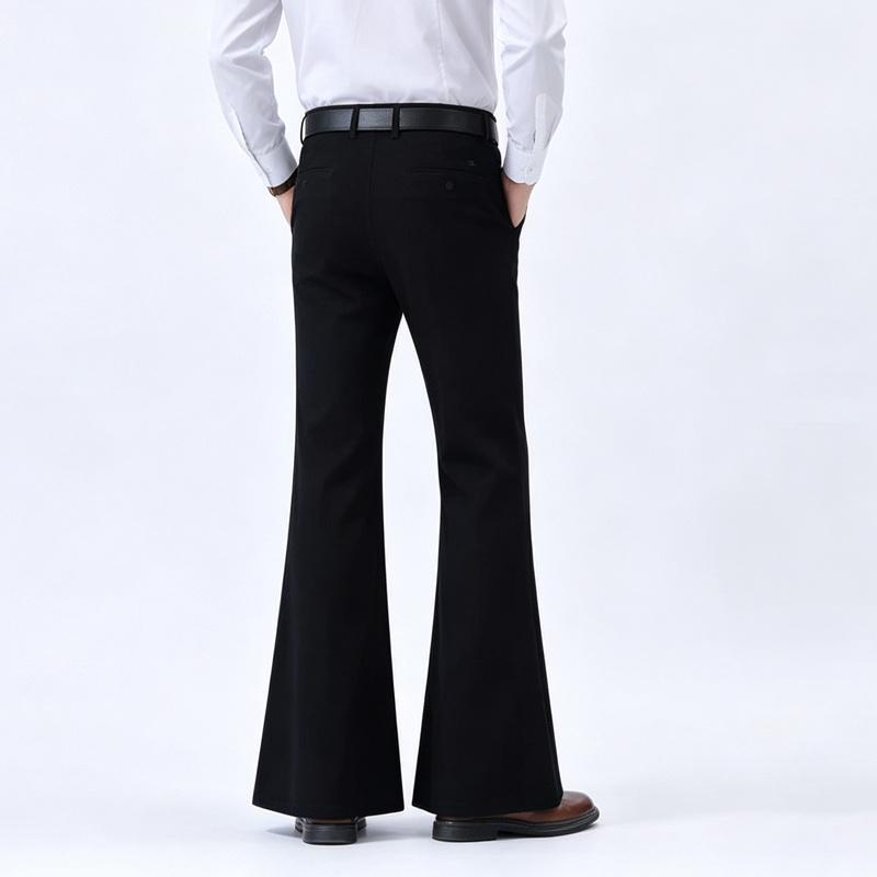 Men's Stretch Flare Trousers – Slim Fit Bootcut Design, Business Casual Style, Black, with Belt & Pockets, Comfortable All-Day Wear