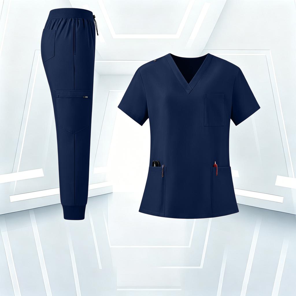 Women's Uniform Set with V-Neck and Pockets, Short Sleeve Scrub Top and Pant Set, Quick-Dry Color Uniform for Work