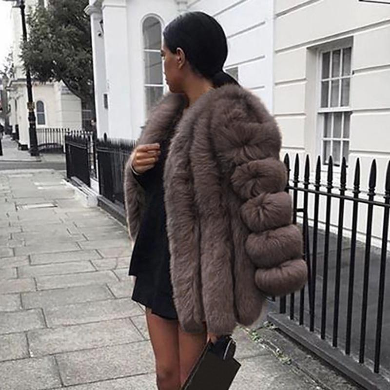 Moda inverno mulheres manga longa outwear pele de raposa quente cor sólida casaco grosso