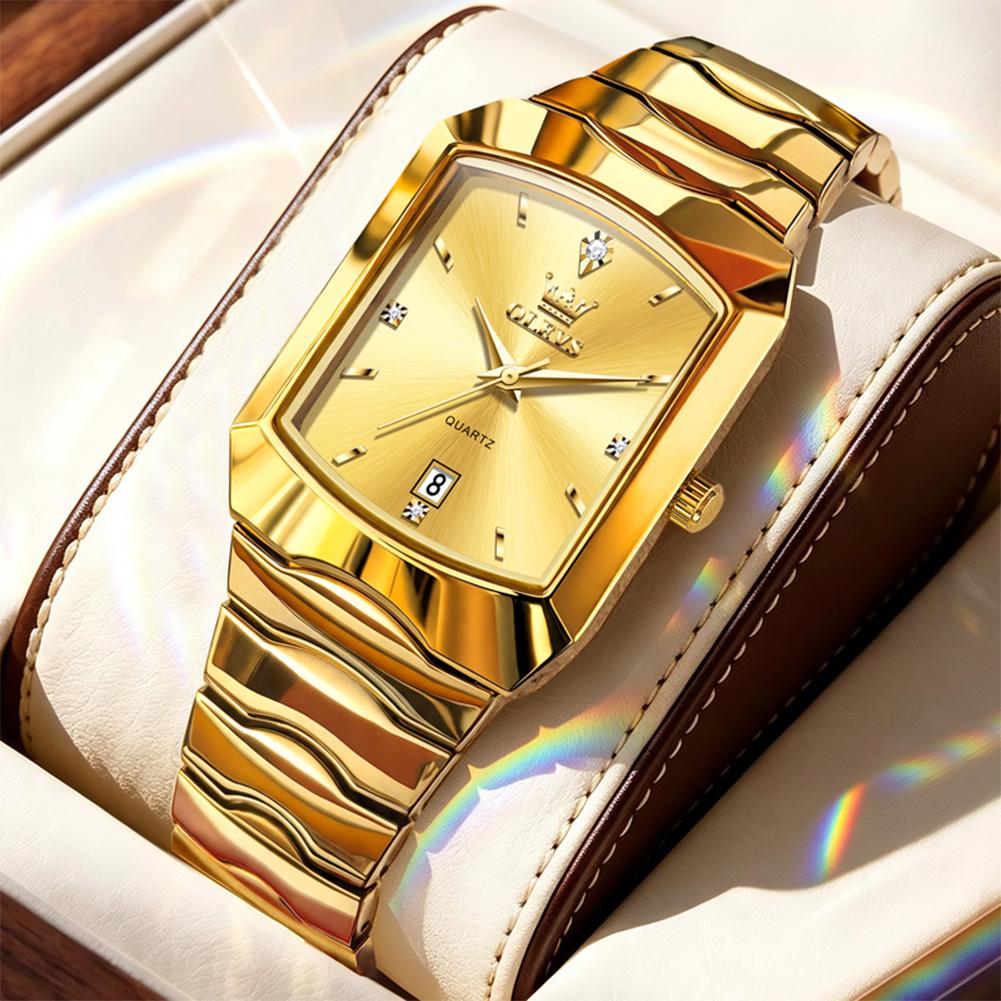 OLEVS Brand Full Gold Square Dial Men Watch Date Display Quartz Wristwatch Alloy Waterproof Luxury Business Male Watches