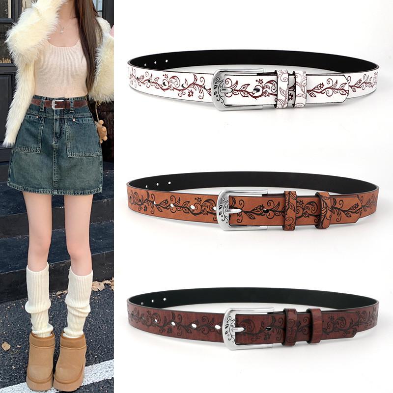 Leather Inspired Boho Belt With Embossed Design And Silver Buckle For Womens