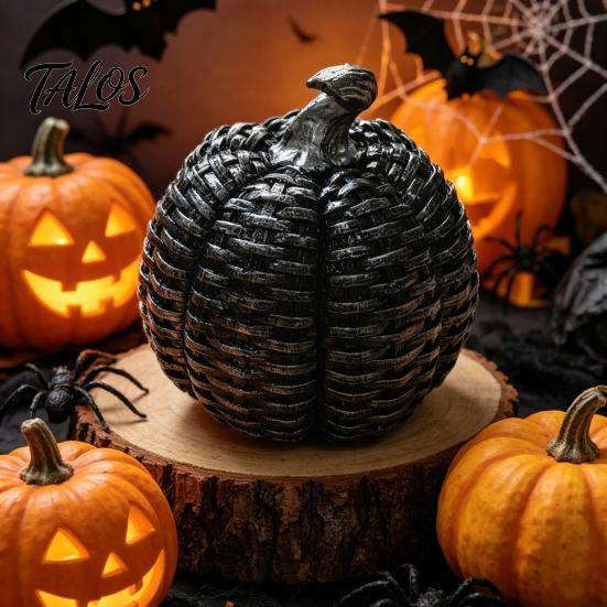 Thanksgiving Festive Table Decor Faux Rattan Resin Pumpkin Figurine, Vintage Distressed Orange Black Farmhouse Tabletop Fall Seasonal Window