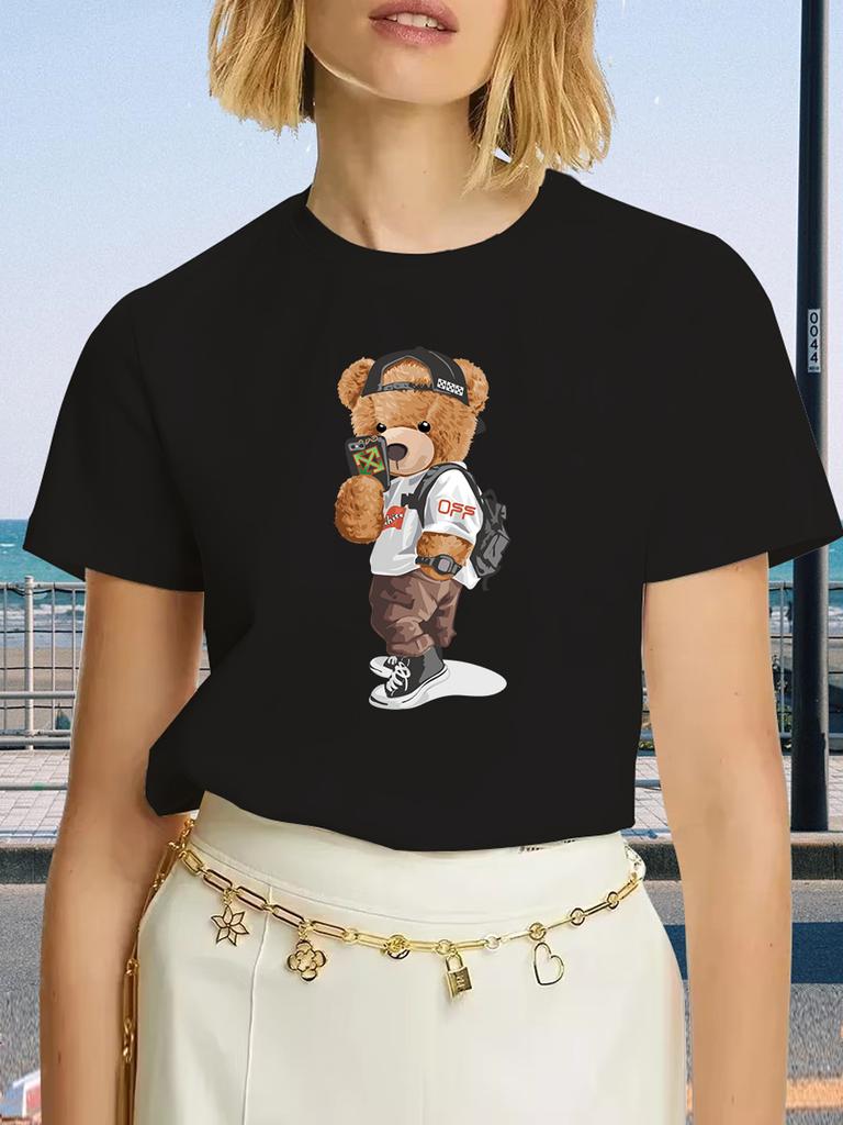 Luxury Brand Fashion Black Selfie Bear Printed Crew Neck Clothing Short Sleeve T-Shirt Trend Women's Summer Y2K Top