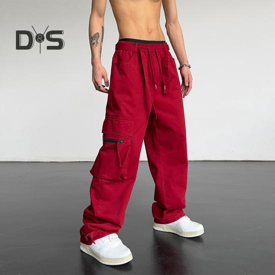 Pánské cargo kalhoty s velkou kapsou Hip-hop styl High Street Široká noha Volné Vintage se stahovací šňůrkou Elastický pas Po celé délce Kalhoty s hlubokým rozkrokem