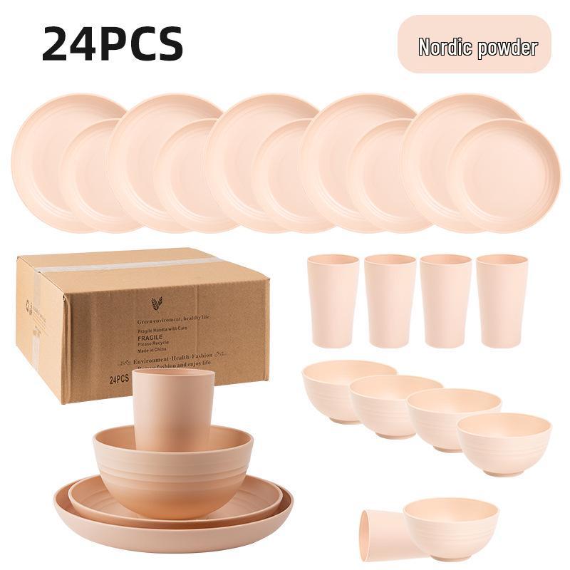 Cross-border Plastic Tableware Set: Plates, Bowls, Cups, Vomit Bowls, 24-Piece for Home Use.