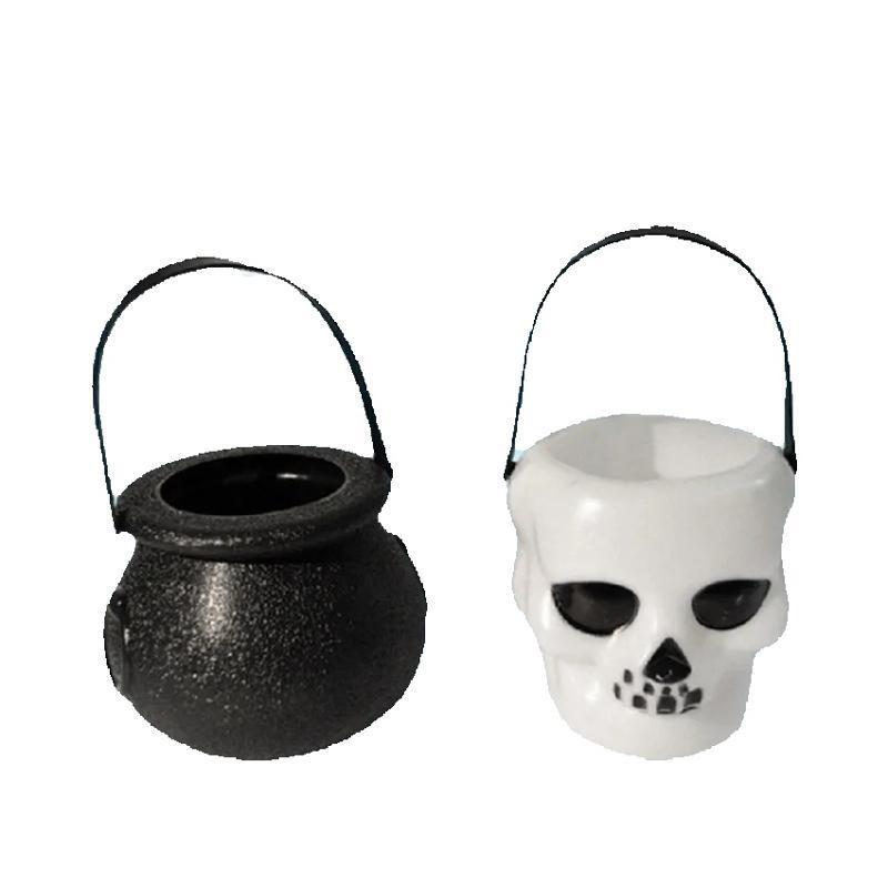 Halloween Skull Witch Cauldron Candy Jar Plastic Hanging Decor Black White Candy Storage Container Party Prop Creative Ornament