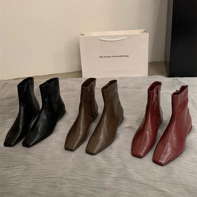 Mode SUOJIALUN 2025 Neue Marke Damen Stiefeletten Mode Eckige Zehenpartie Reißverschluss hinten Damen Elegante Kurze Stiefel Eckige Niedrige Absätze Schuhe