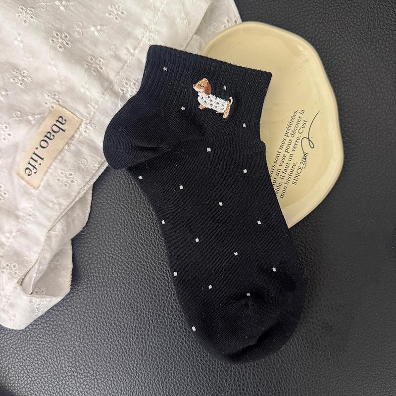 

Dachshund Embroidered Socks for Children s Short Socks, Summer Lightweight Style with Polka Dots, Pure Cotton Cartoon Mid-length Socks 1 pair чёрный