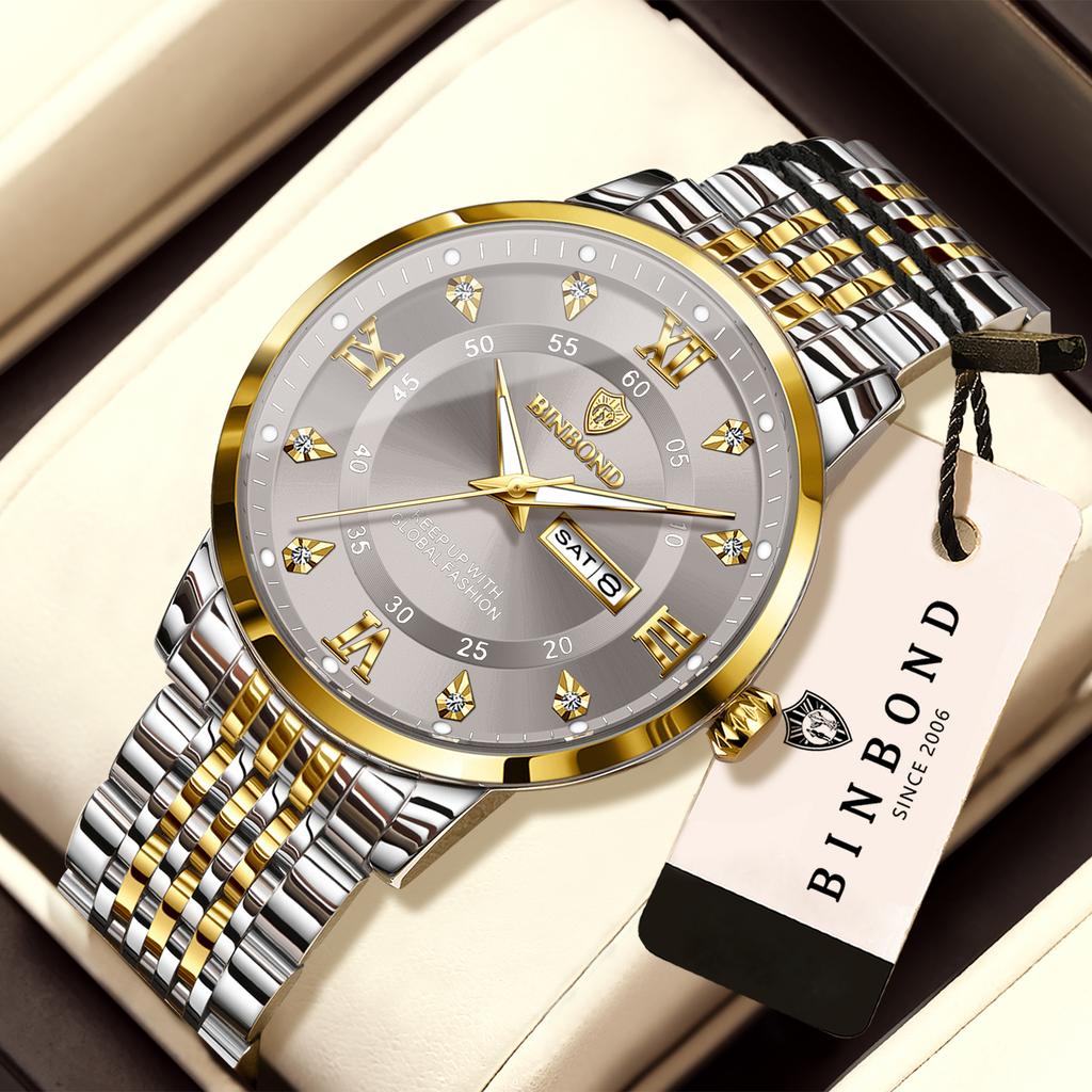 BINBOND Precise Luxury Quartz Wristwatches For Men Luminous Waterproof Week Display Men's Watch Stainless Steel Reloj Free Ship