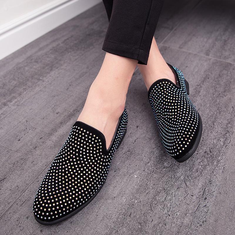 Men's Rhinestone Slip-On Leather Loafers - Pointed Toe, Large Size, British Casual Style.