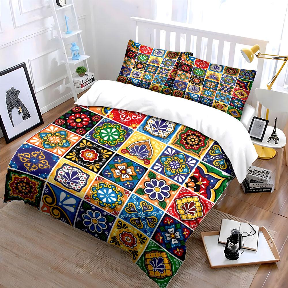 Colorful Tile Pattern Decor Set Multiple Sizes Kid'S And Adults' Bedroom Exquisite 3Pc Bedding Set, Gift