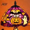 Seasonal Bedroom Decor Halloween Pumpkin Bat Table Lamp, Stained Glass Reading Light, Gothic Festive Accent Cozy Nightstand Light for Bookshelf,