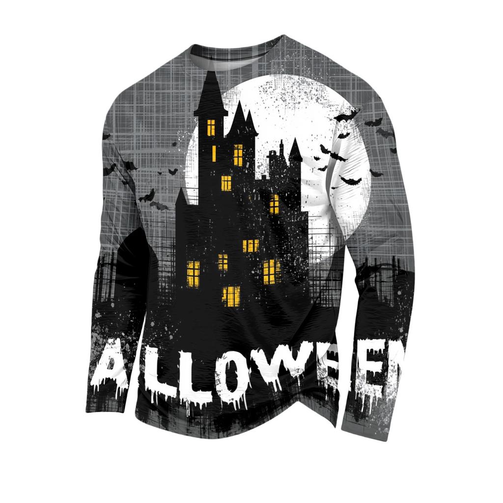 Men's Casual Long Sleeve Halloween Printed T-Shirt for Everyday Wear