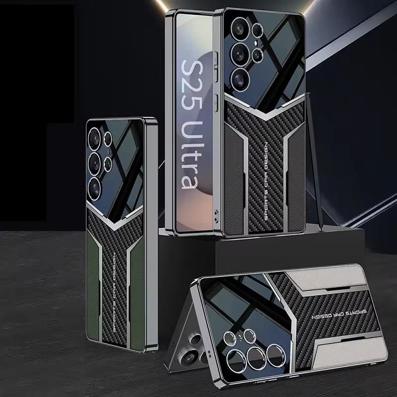 Electroplated Leather Business Shockproof Case for Samsung S25 S24 S23 Ultra Luxury Carbon Fiber Leather Stitching Phone Cover