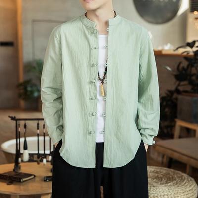 Linnen Overhemden Voor Heren Chinese Stijl Lange Mouw Retro Knoophemd Effen Kleur Opstaande Kraag Losse Overhemden Plus Size