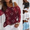 Dámska blúzka s potlačou srdca lomený krk Voľné sexy tričko top sveter na jar jesene