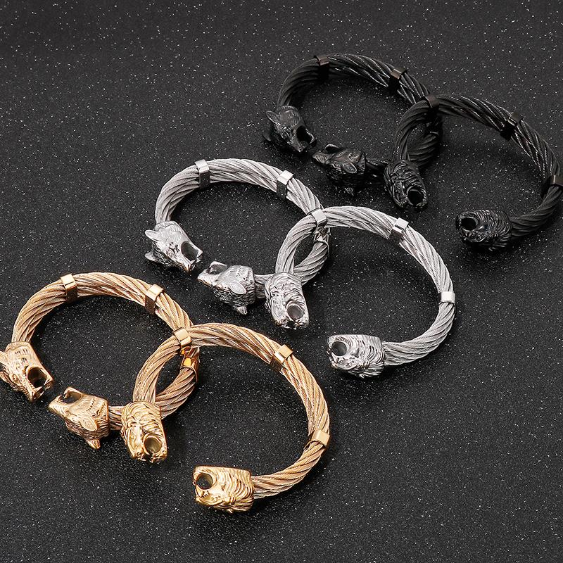 Gotisch Goldfarbe Edelstahl Wolf Löwenkopf Offener Armreif Manschettenarmband für Mann Herren Männlich am Handgelenk Schmuck Zubehör