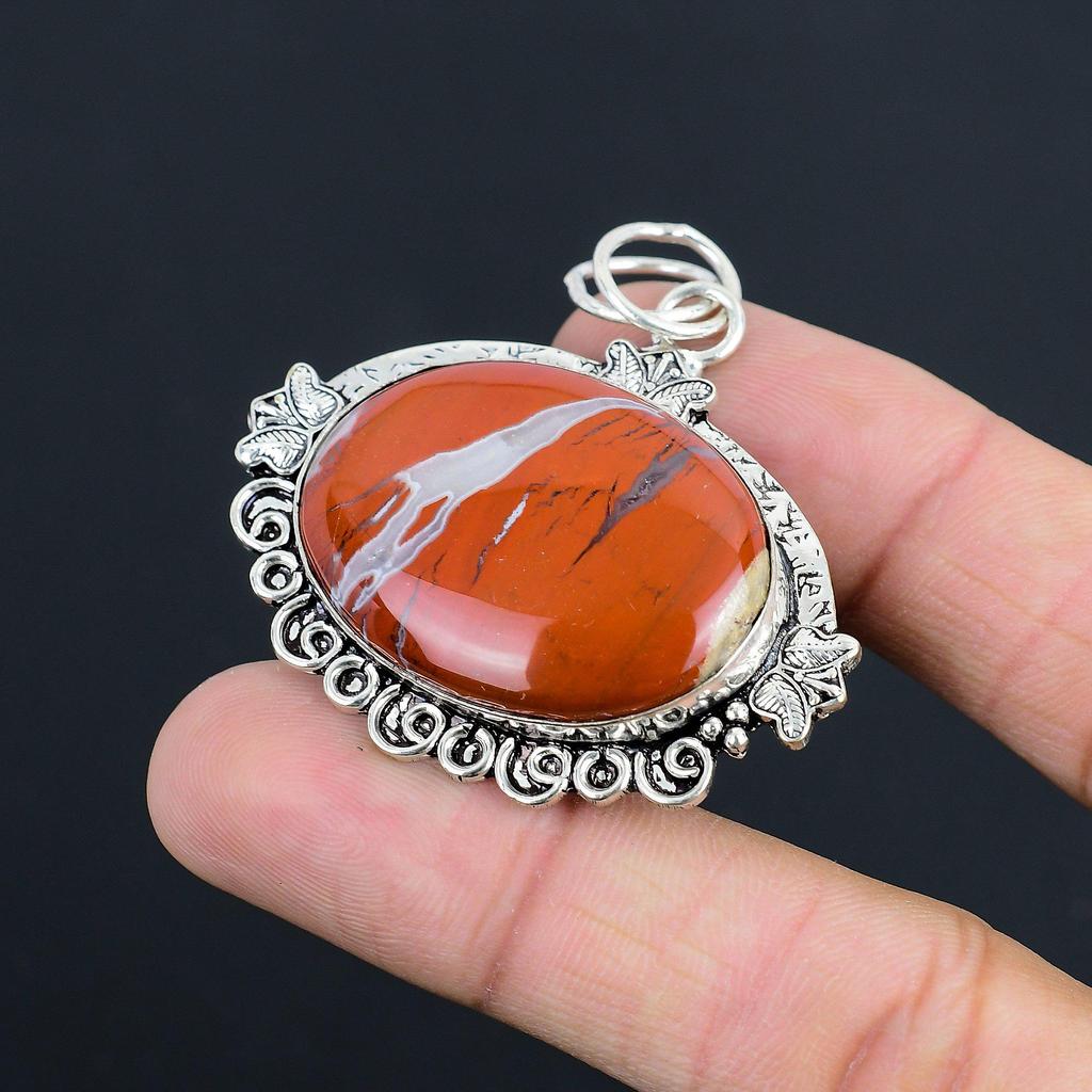 Oval Red Snakeskin Jasper Gemstone Elegant Artisan New Pendant Sterling Silver