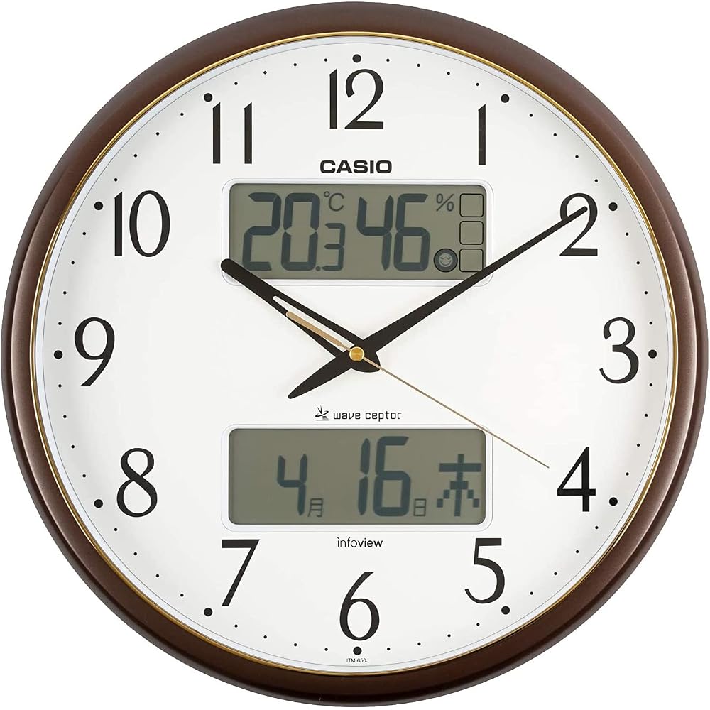 CASIO Wall Clock, Radio-Controlled, Brown, Analog, Displays Temperature, Humidity, and Calendar (ITM-650J-5JF)