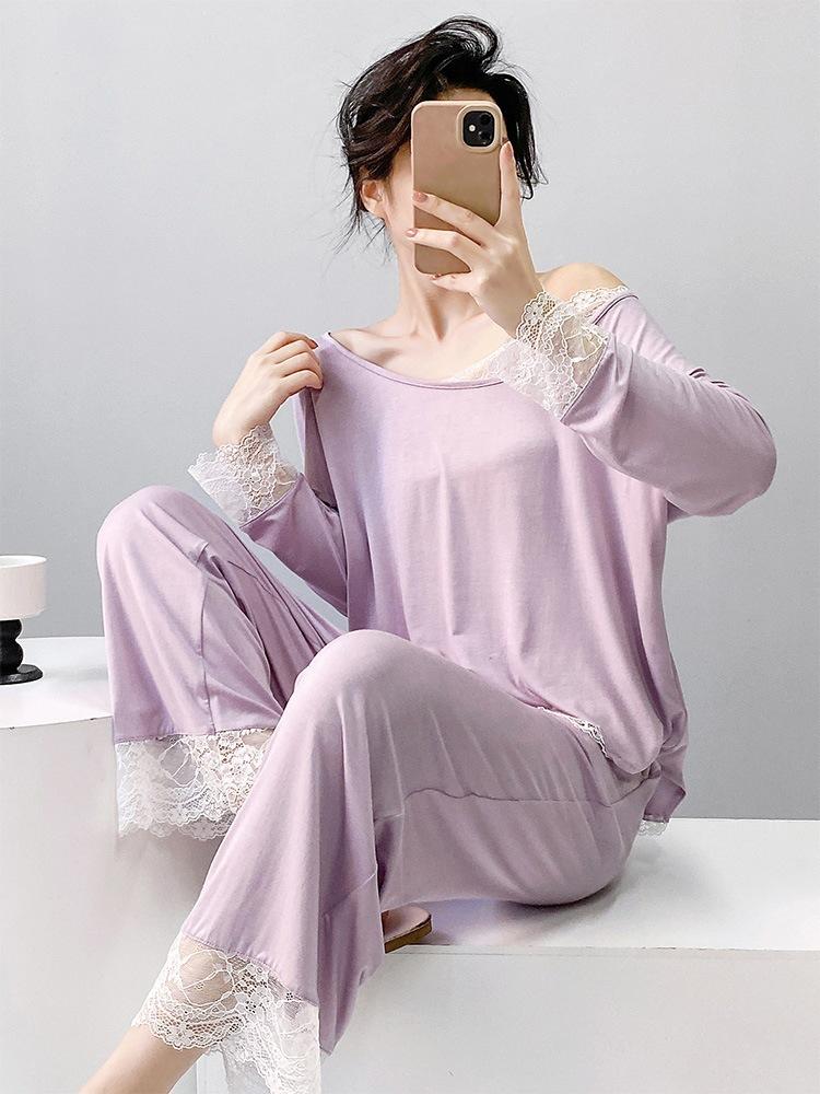 

Modal pajamas women s spring and autumn new long-sleeved trousers slanted shoulders sexy lace loungewear suit with chest pads XXL