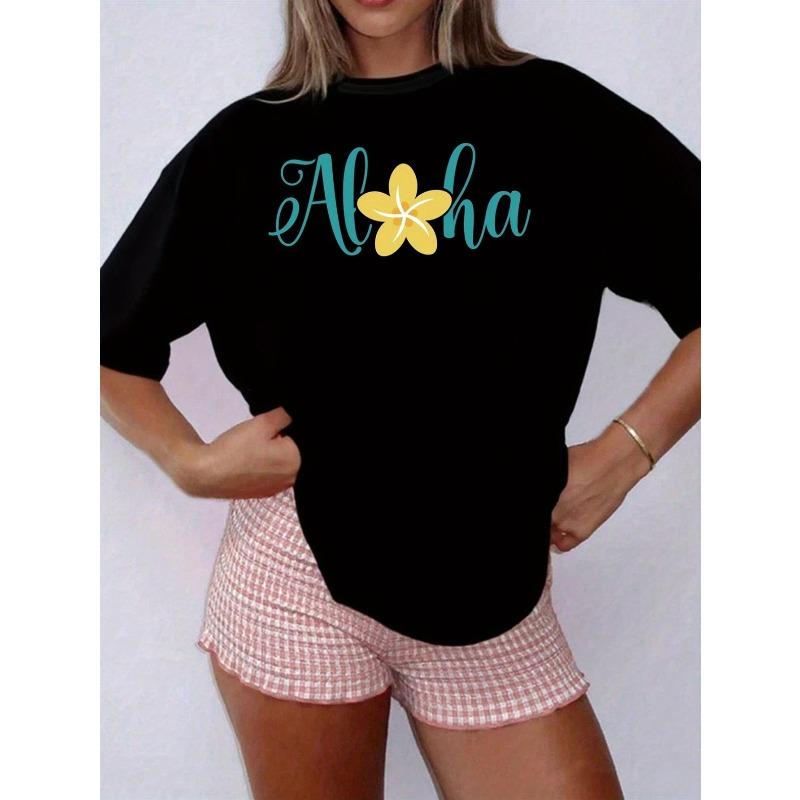 Women Plus Size Hawaiian Aloha Floral T-Shirt Hibiscus Round Neck Short Sleeve Lightweight Summer Beach Luau Vacation Casual Tee