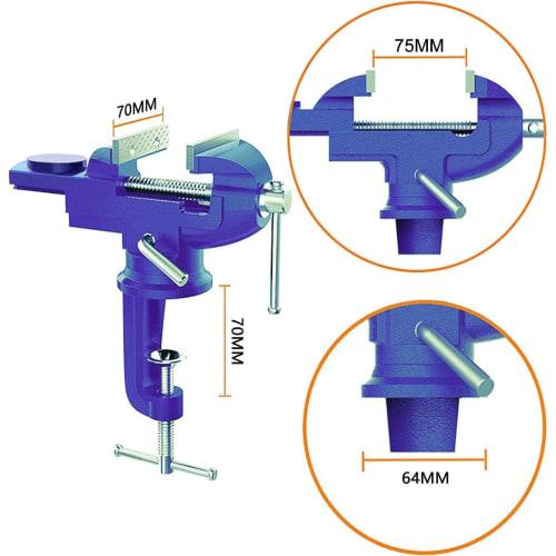 Compact Blue Bench Vise with 360 Rotating Base, Maximum Opening of 75mm, Portable Bench Vise for Woodworking, Pipe Drilling, and Metalworking