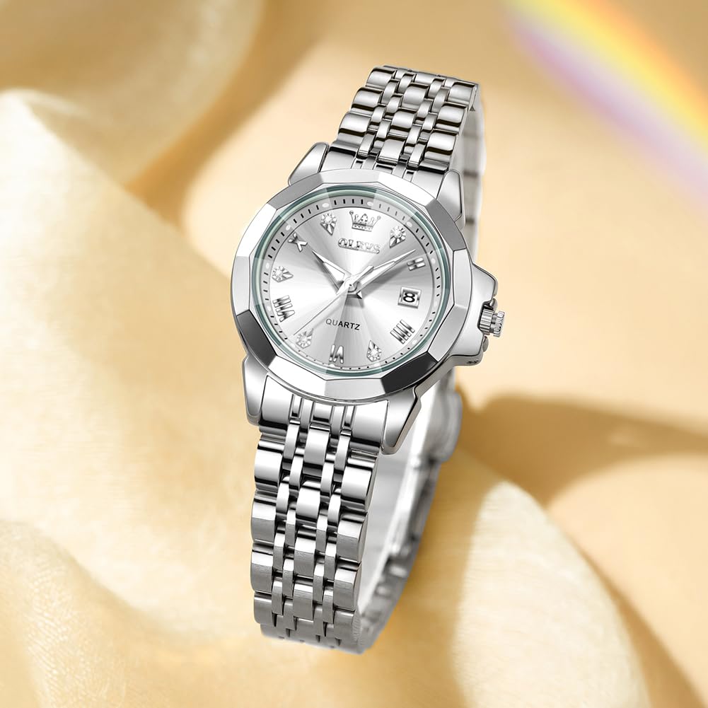 OLEVS Quartz Watch with Stainless Date Fragrance White Women's Scent, Lightweight, Steel, Display, Diamonds, Waterproof, Luminous, Gift, Watch,
