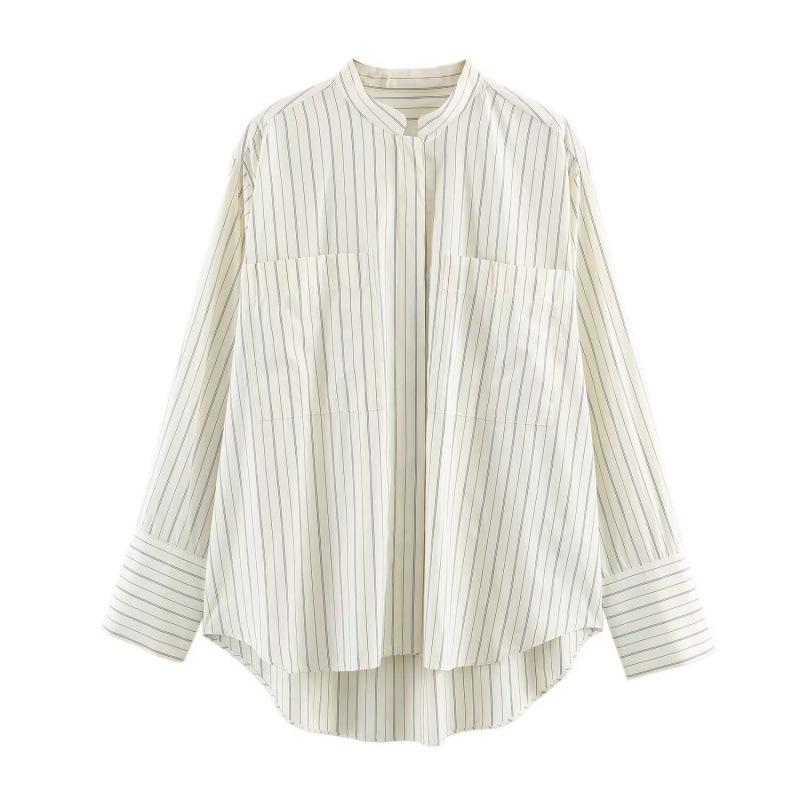 New 2026 Spring European & American Style Striped Mandarin Collar Shirt - Fashionable and Versatile. Medium