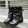 Rivet belt buckle trouser tube boots women's new autumn pleated stacking boots thick heel medium tube short boots women's western boots