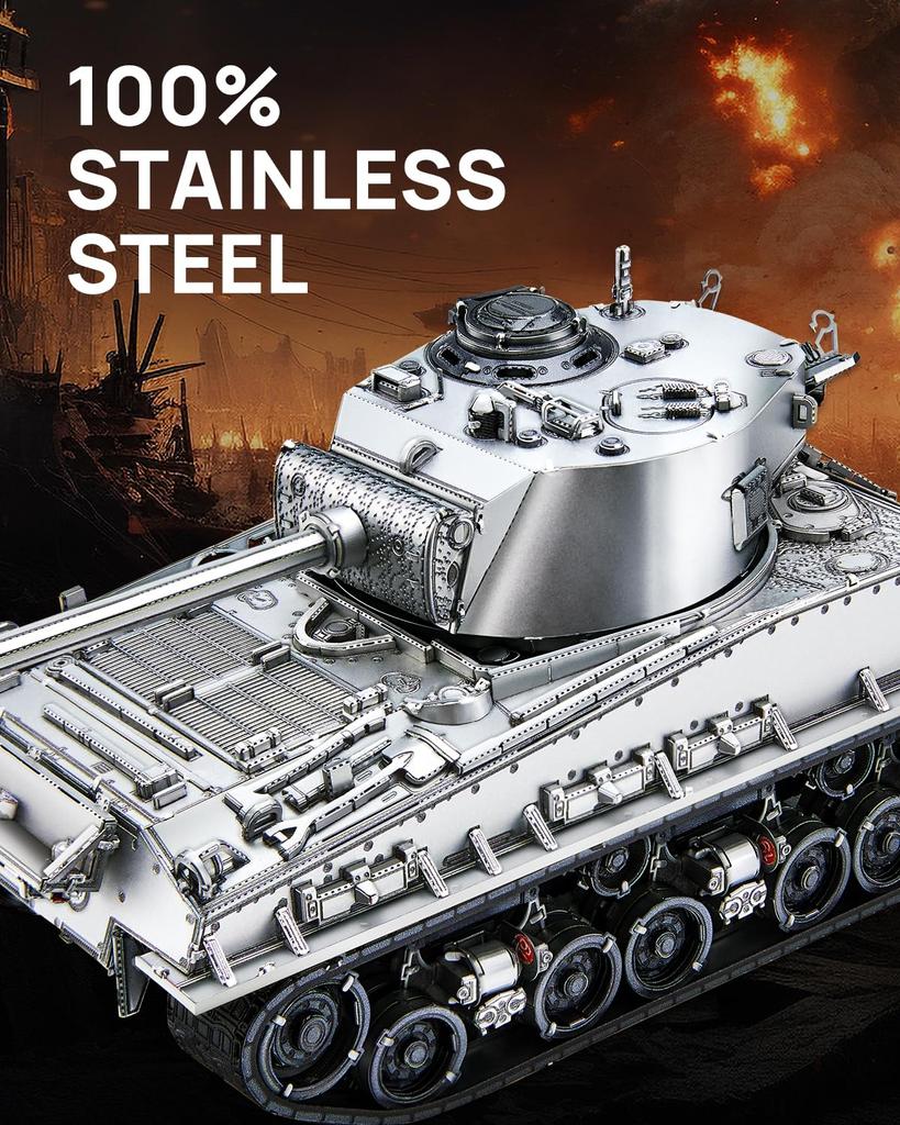 Piececool M4 Sherman Medium Tank 3D Puzzle Assembly No Glue Needed Difficulty 4 Stars Suitable for Adults Collectible (Metal) - Required, - Level