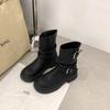 Autumn and winter new height increase cm~ two kinds of tube height retro round head thick heel buckle belt medium tube boots knight boots short tube