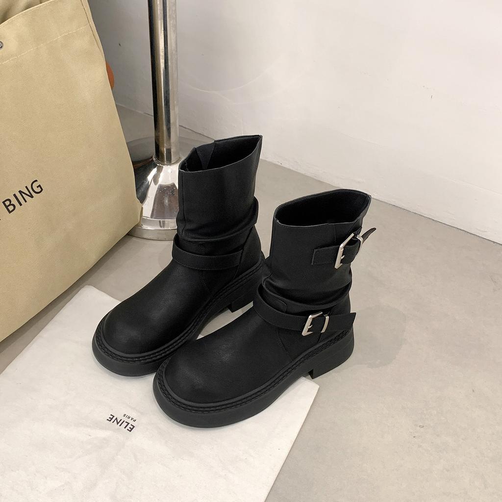 Autumn and winter new height increase cm~ two kinds of tube height retro round head thick heel buckle belt medium tube boots knight boots short tube