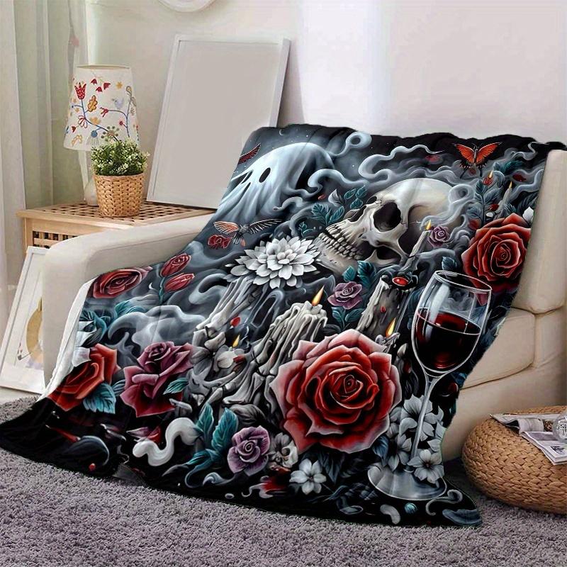 1pc Skulls Roses Candles and Wine Blanket Soft, Warm Cozy Bedding Decor, Living Room, Travel, Camping, Car Blankets