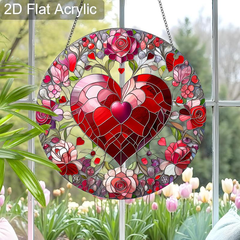 Acrylic Heart & Roses Suncatcher, Stained Glass Effect Window Hanging Ornament for Love & Valentine's Day Lover Gifts