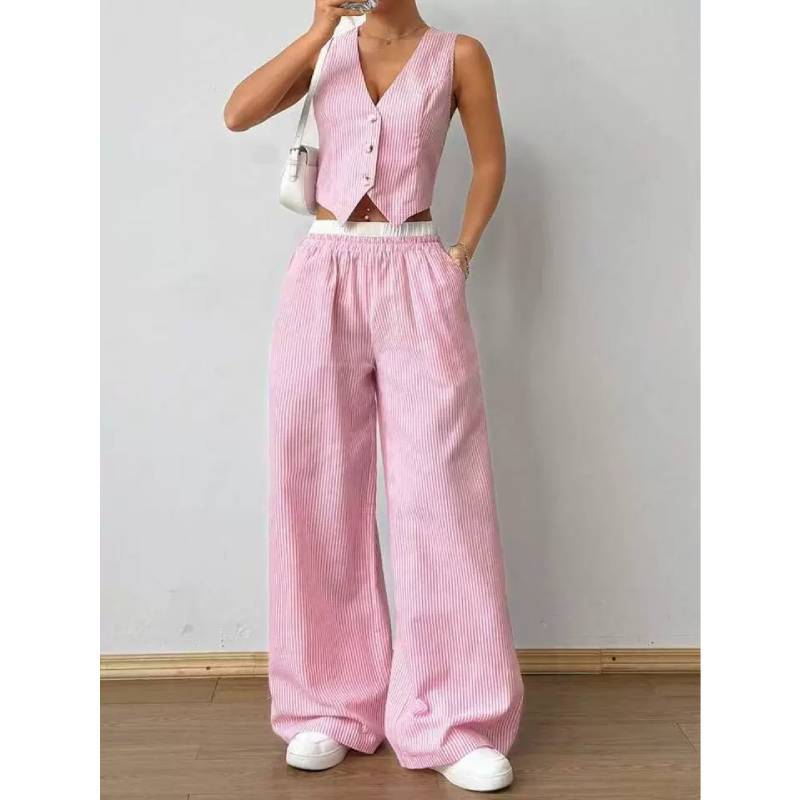 Casual Striped Sleeveless Pants Suit With Cotton Linen Fabric For Office Women