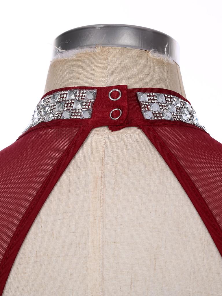 Vestido de Dança Feminino Brilhante com Strass Franjado Collant Design Patchwork de Malha Lantejoulas Fantasia de Performance Latina