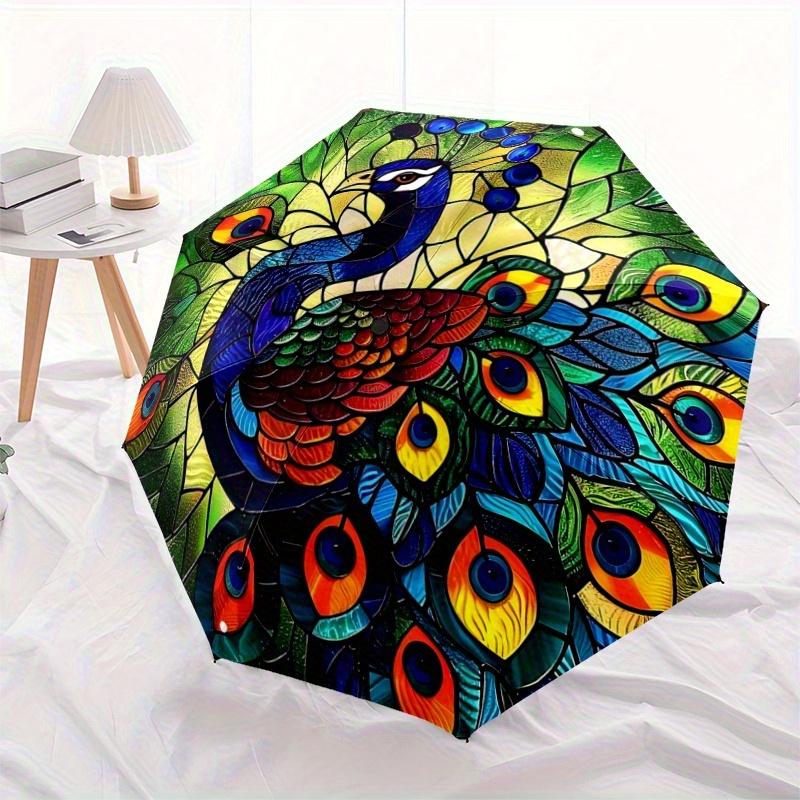 

1pc Stained Glass Peacock Design Pattern Beautiful Looking Automatic Folding Umbrella, 3 Folding, 8 Iron Frame Design, Durable and Suitable for T