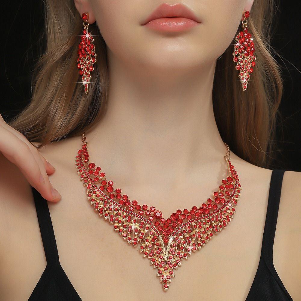 Fashion Jewelry Set Inlay Rhinestone Clavicle Chain Necklace Earring Set  Party