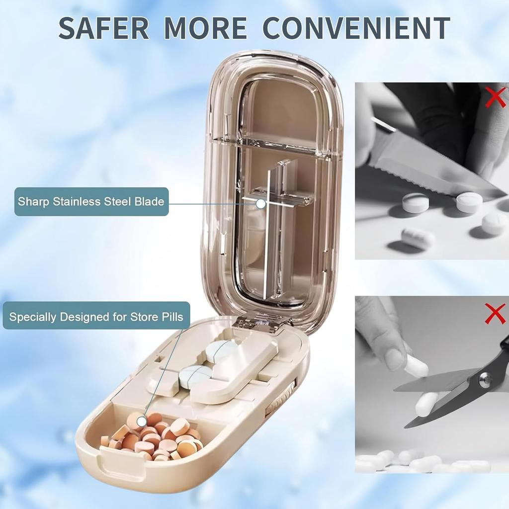 Plastic Pill Case with Built-in Cutter, Portable Travel Pill Organizer, Compact Pill Splitter & Storage Container