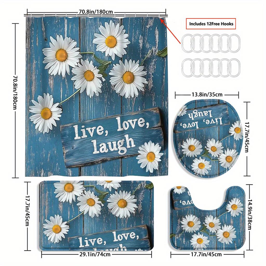 4Pcs Vintage Farm Floral Shower Curtain Set with Non-Slip Bath Mat, Toilet Lid Cover, Contour Rug & 12 Hooks, Bathroom Decor